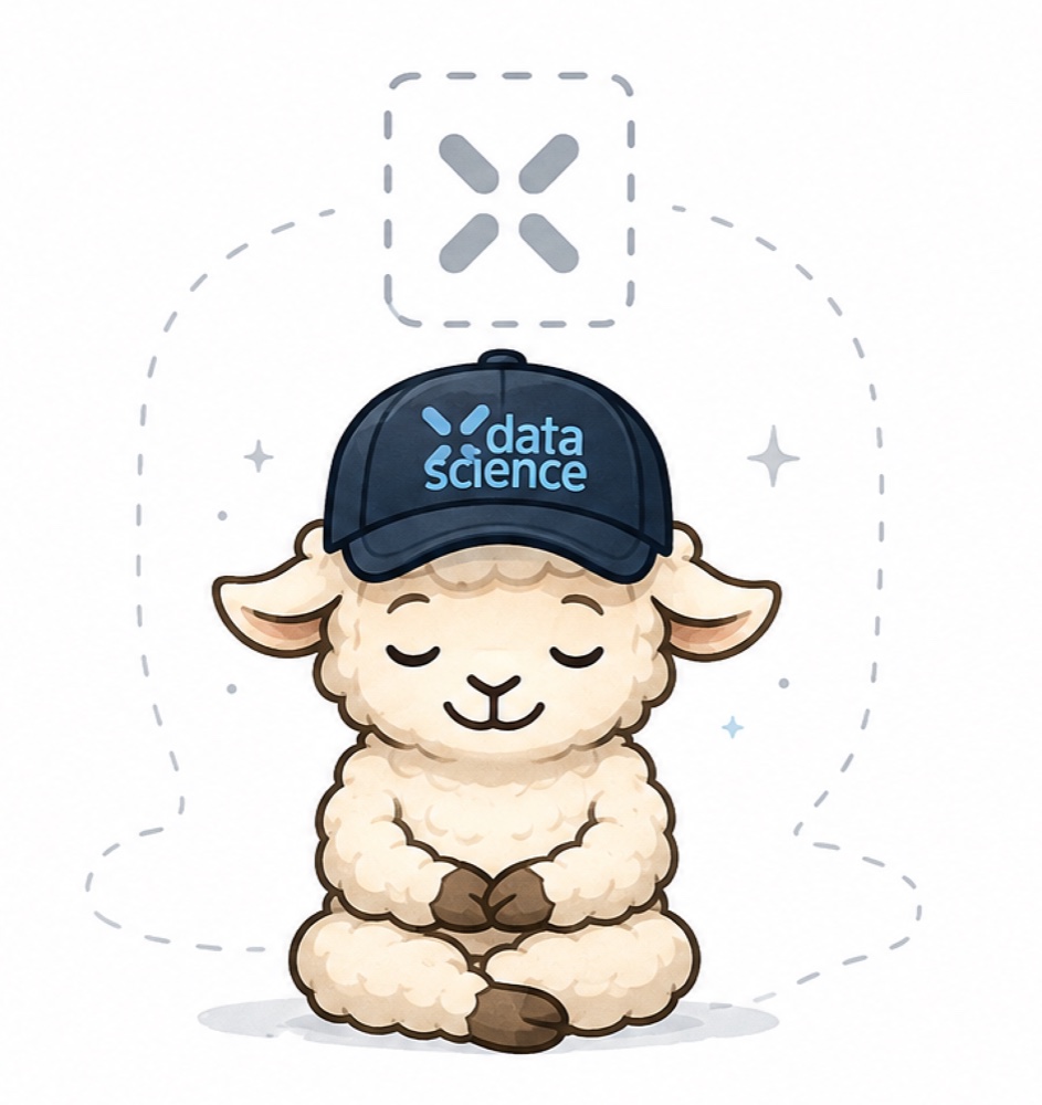 A peaceful sheep mascot waiting beneath a placeholder icon